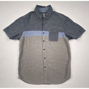 Howe Mens Short Sleeve Button Down Shirt Blue Grey Colorblock Cotton Linen M